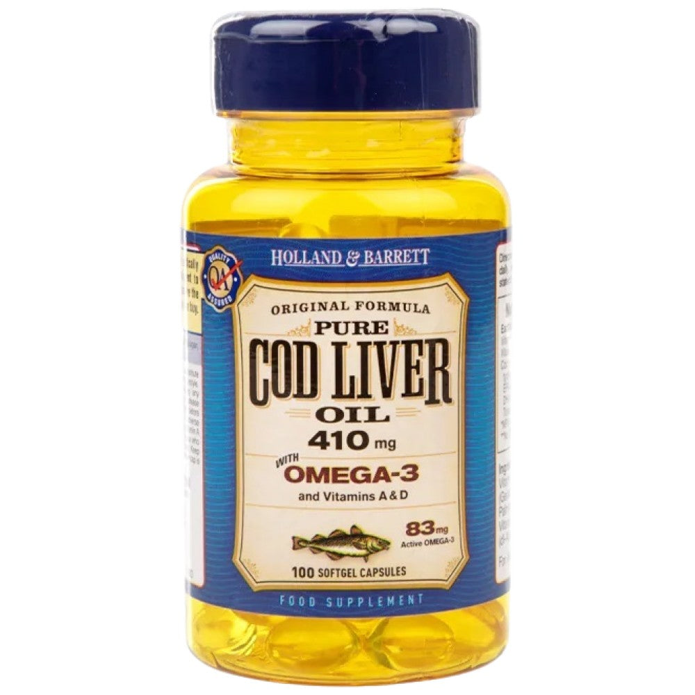Holland And Barrett Pure Cod Liver Oil 410 mg with Vitamin A & D - Масло от черен дроб на треска с витамини A и D